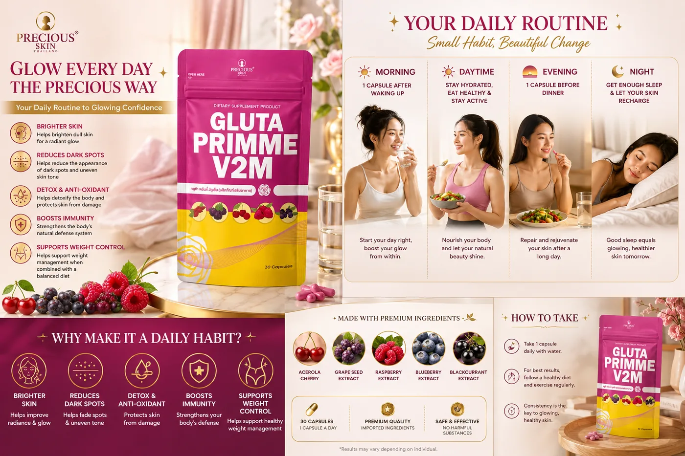 Gluta Primme V2M Dietary Whitening Supplement with Vitamin C (30 Soft gels)